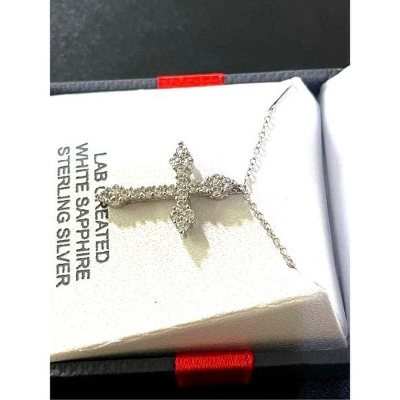 NEW White Sapphire 925 Sterling Silver 18” Chain with 1” Cross Pendant Necklace - Picture 3 of 6